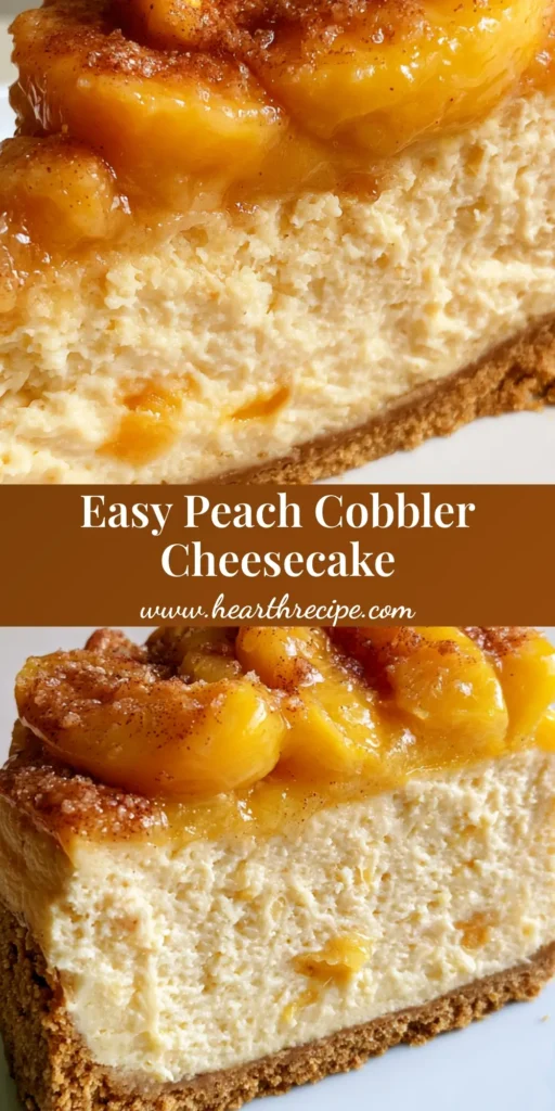 A close-up shot of a single slice of Peach Cobbler Cheesecake with a thick graham cracker crust and glossy peach topping.