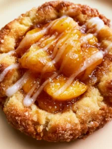 Close-up of a thick, soft golden-brown Peach Cobbler Cookie showing the craggy texture, visible crumbs, and heaping chunks of tender peaches in amber syrup.