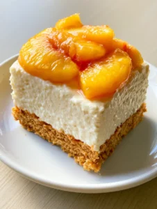 Smartphone photo showing the layered texture of No-Bake Peach Delight on a light wooden table. (No-Bake Peach Delight)