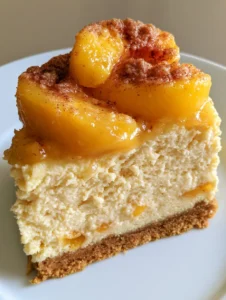 Handheld photo of a Peach Cobbler Cheesecake slice on a white plate with dense cheesecake and large peach slices.