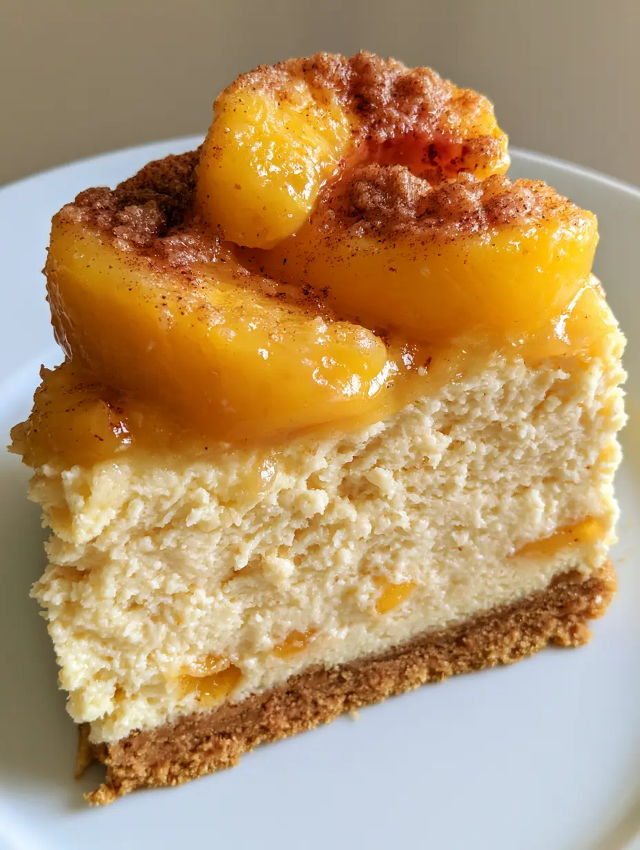 Handheld photo of a Peach Cobbler Cheesecake slice on a white plate with dense cheesecake and large peach slices.