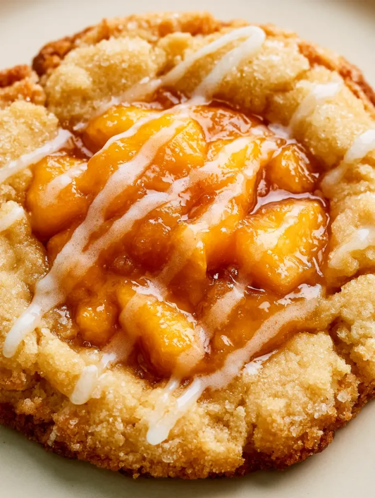 Peach Cobbler Cookies with Glistening Caramelized Peaches 1 A semi-translucent white sugar glaze drizzled in a zigzag pattern over a cinnamon-spiced Peach Cobbler Cookie.