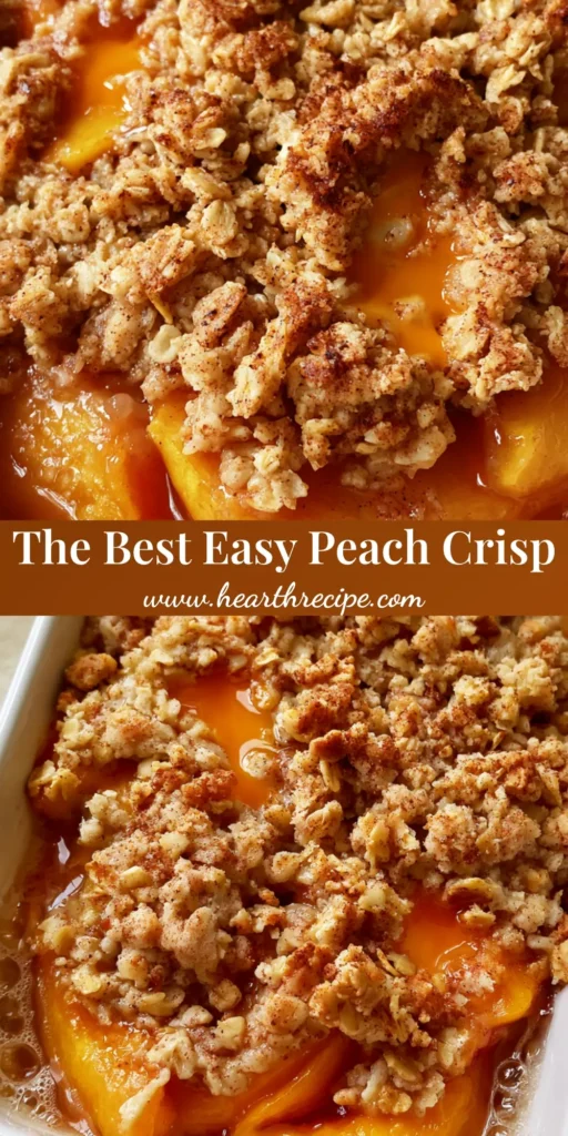 A close-up vertical shot of a golden-brown Peach Crisp Recipe in a white ceramic dish, featuring bubbly amber fruit glaze and toasted oats.