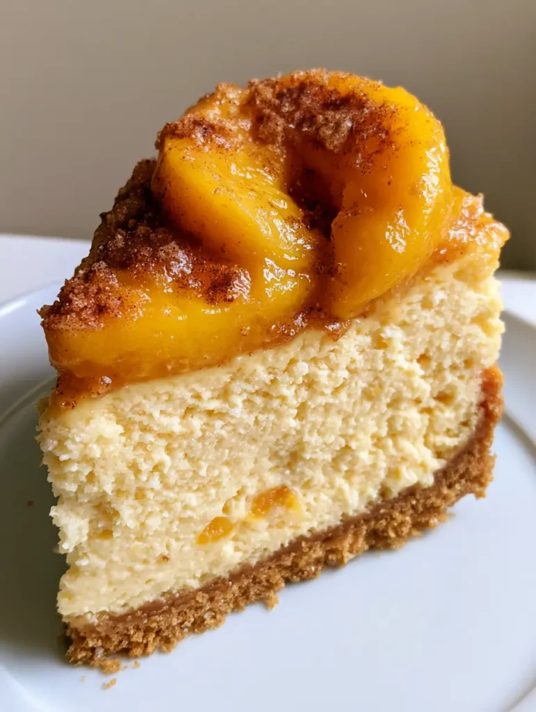 Top view of Peach Cobbler Cheesecake showing the cinnamon crumble and glazed peaches.