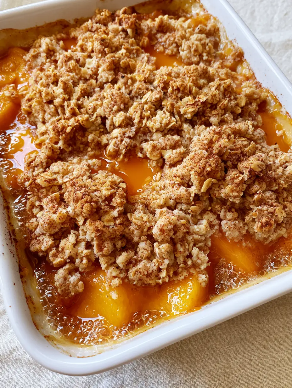 A handheld smartphone photo showing thick, softened peach slices under a textured golden-brown oat crust. (Peach Crisp Recipe)