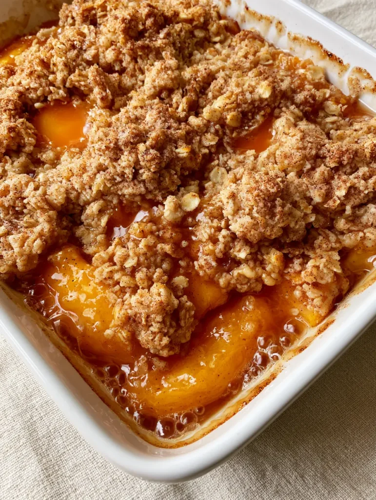Detailed view of ground cinnamon specks and toasted rolled oats on top of a Peach Crisp Recipe.