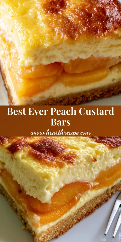 Peach Custard Dessert with a Buttery Sugar Cookie Crust 4 A square slice of Peach Custard Dessert with overlapping orange peaches and a caramelized vanilla custard top on a white plate.