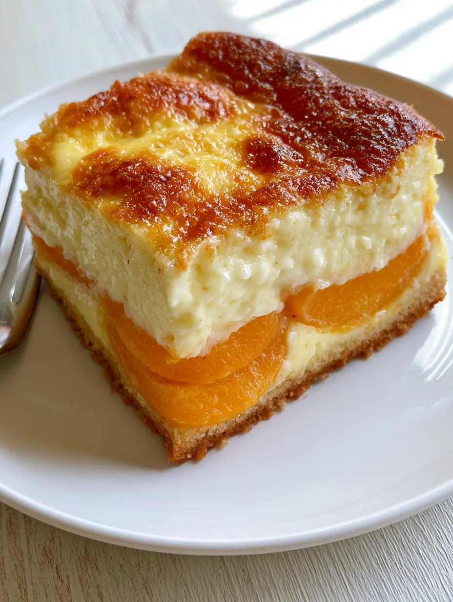Peach Custard Dessert with a Buttery Sugar Cookie Crust 3 Top-down view of a Peach Custard Dessert showing the pale yellow vanilla custard and golden-brown caramelized spots.
