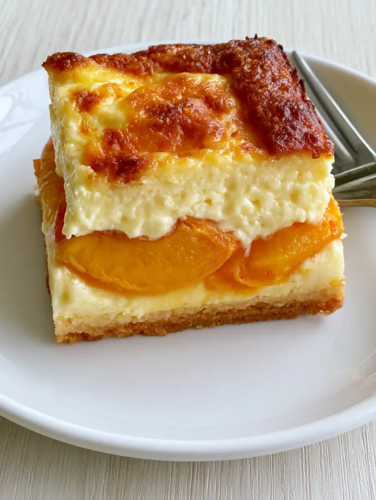 Peach Custard Dessert with a Buttery Sugar Cookie Crust 1 Side view of a Peach Custard Dessert slice highlighting the thick sugar cookie crust and juicy peach layer.