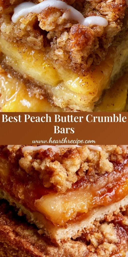 A close-up stack of Peach Butter Crumble Bars with a thick cinnamon oat crust, jammy fruit center, and a white zigzag sugar glaze.