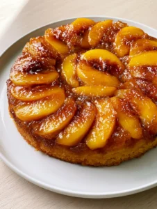 Overhead view of a Peach Upside Down Cake showing the concentric circle peach pattern and golden sponge.