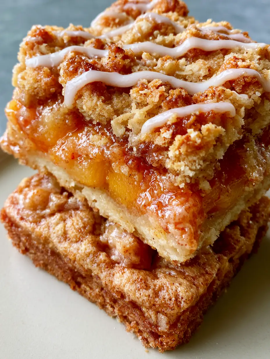 Handheld photo showing a stack of Peach Butter Crumble Bars with visible peach chunks and a glistening jammy filling. (Peach Butter Crumble Bars)