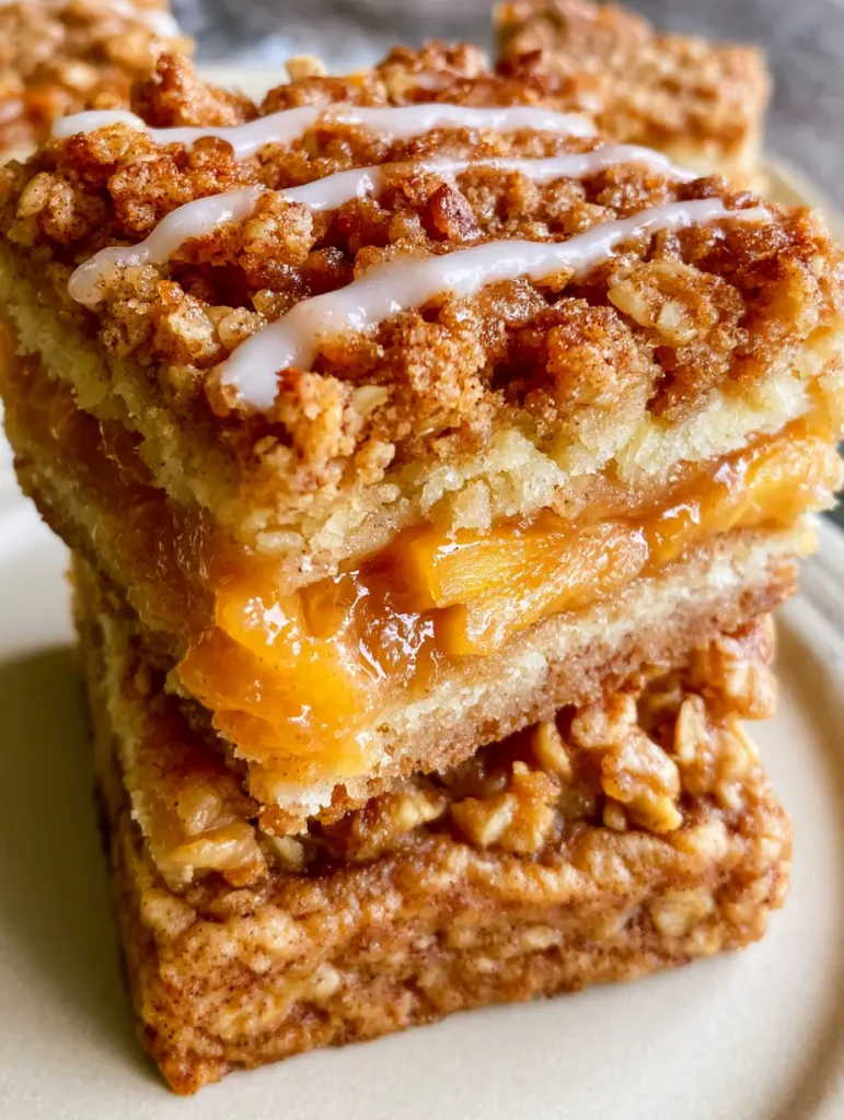 Close-up of the toasted oat crumble and white sugar glaze on Peach Butter Crumble Bars.