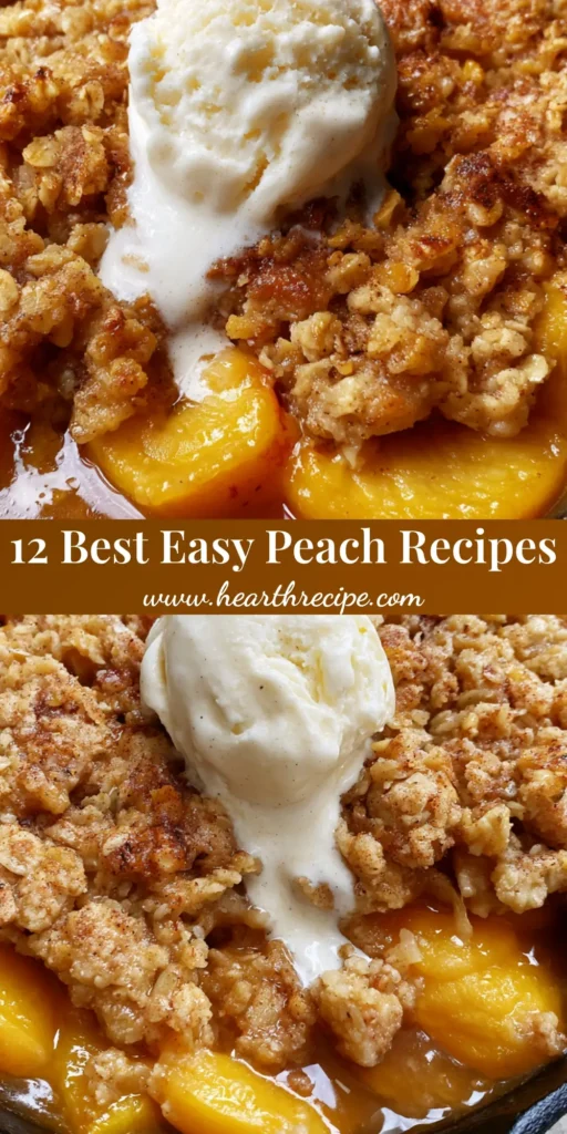 A rustic skillet peach crisp with bubbling amber syrup and a golden oat topping topped with melting vanilla ice cream. (Fresh Peach Recipes)