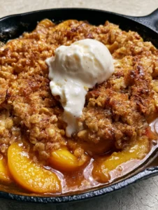 Close up of golden-brown toasted oat and cinnamon crumble on top of deep orange peaches in a cast iron skillet. (Fresh Peach Recipes)