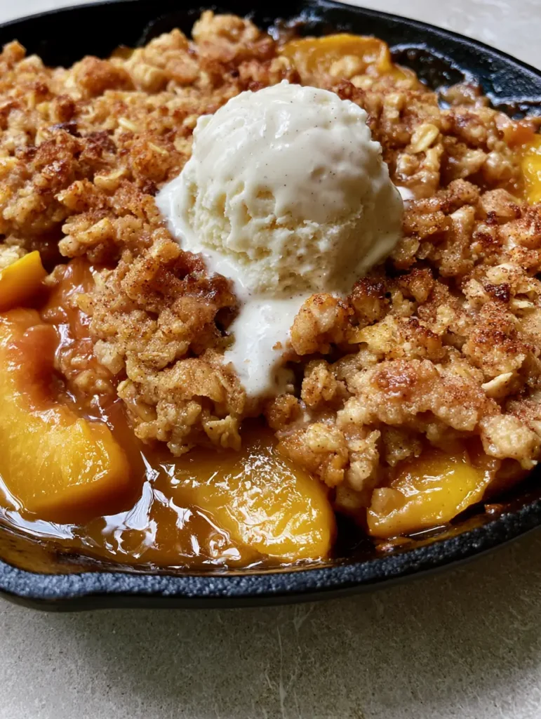 Handheld smartphone photo of a peach crisp in a cast iron skillet with melting white vanilla bean ice cream cascading down. (Fresh Peach Recipes)