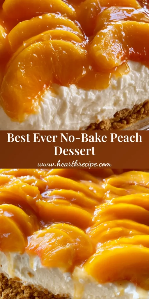A close-up shot of the No-Bake Peach Dessert showing the distinct layers of graham cracker crust, white cream filling, and glazed overlapping peach slices in a glass pan.