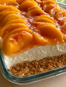 Handheld photo of a No-Bake Peach Dessert in a rectangular glass pan featuring overlapping fresh orange peaches and a glistening translucent glaze.