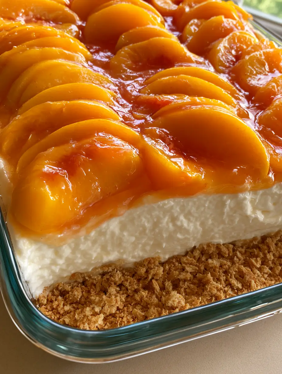 Handheld photo of a No-Bake Peach Dessert in a rectangular glass pan featuring overlapping fresh orange peaches and a glistening translucent glaze.