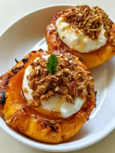 Close-up of caramelized fruit flesh and wrinkled edges of a roasted peach. (Baked Peach Recipes)