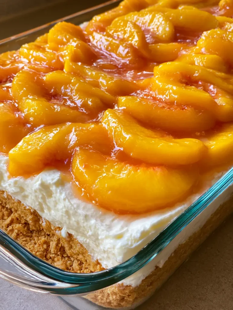 Side view of the No-Bake Peach Dessert in a clear glass dish showing the golden-brown graham cracker crust and thick white cream cheese filling.