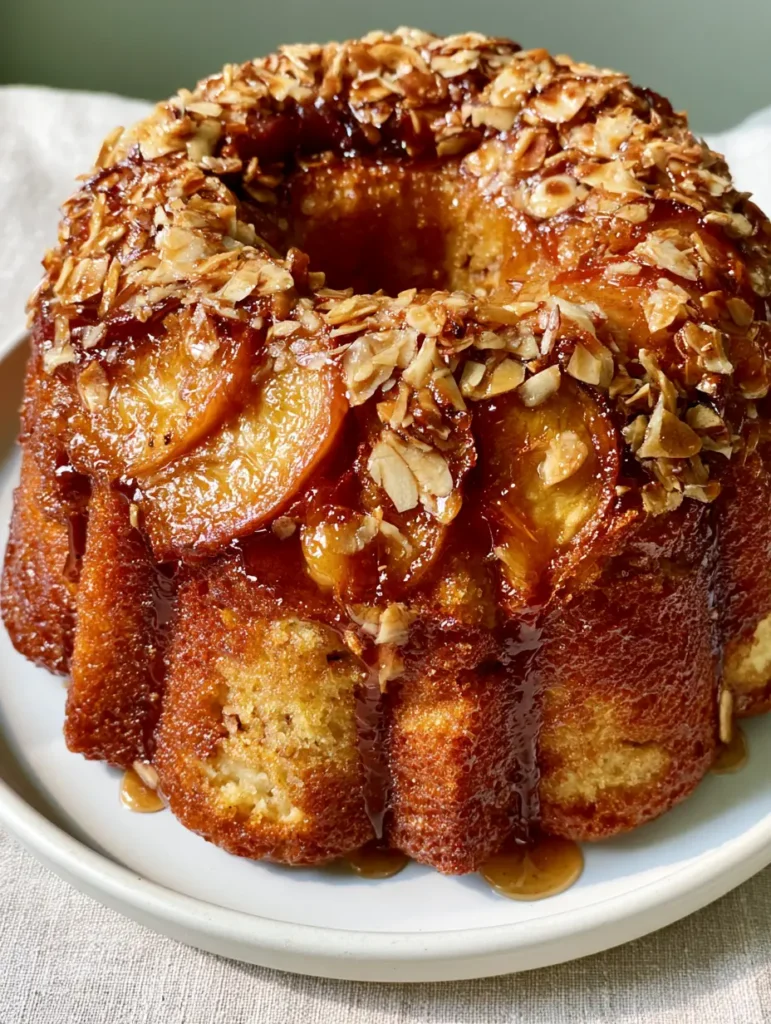 Overhead view of the amber-colored viscous glaze pooling in the ridges of the Peach Almond Bundt Cake.
