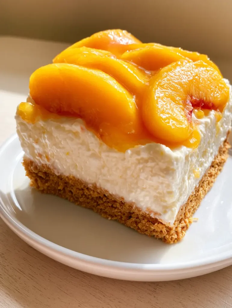 A handheld square slice of No-Bake Peach Delight served on a white ceramic plate in natural daylight.