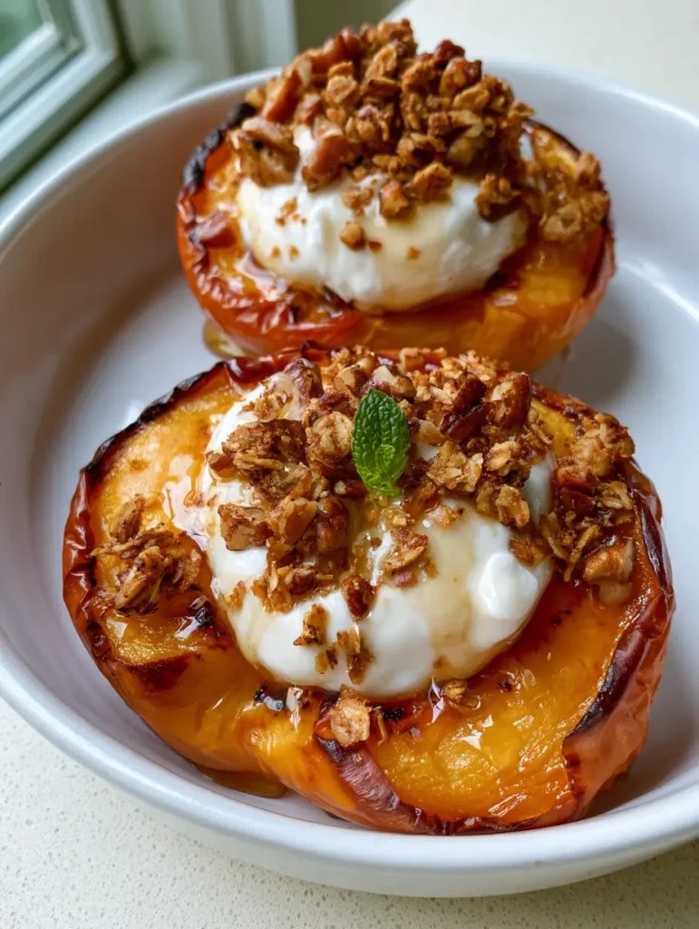 A side view of the golden-brown toasted oat granola and honey drizzle over peaches. (Baked Peach Recipes)