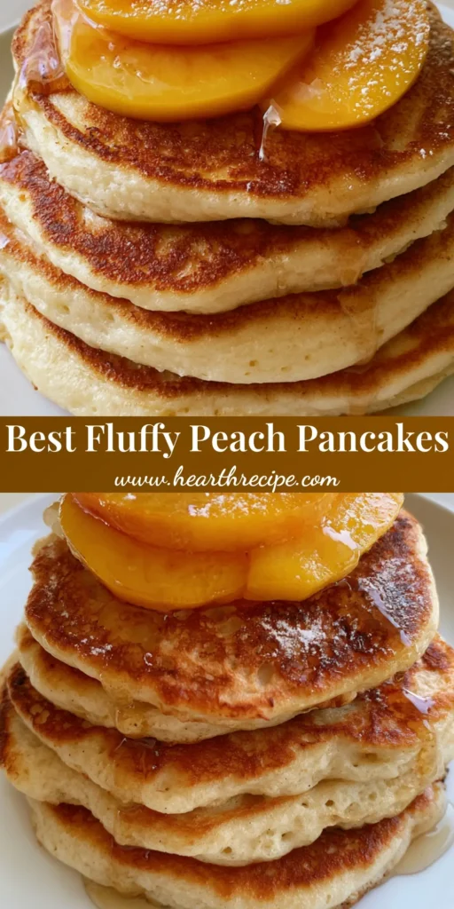 A tall stack of four fluffy Peach Pancakes on a white ceramic plate, topped with neat slices of fresh yellow peaches, drizzled with amber maple syrup and dusted with powdered sugar.