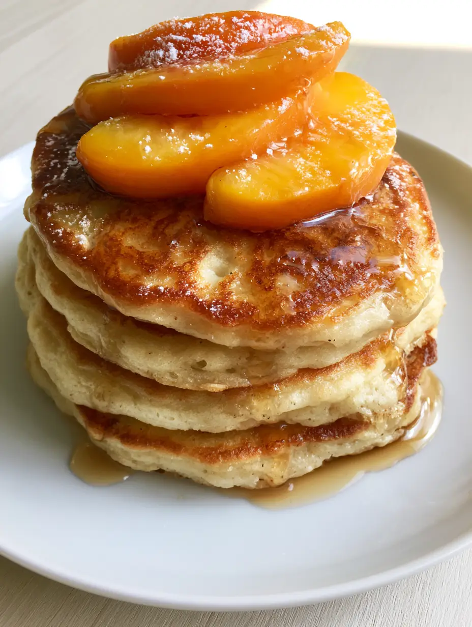 Close-up of golden-brown fluffy Peach Pancakes showing the porous texture and cascading maple syrup over orange peach slices.
