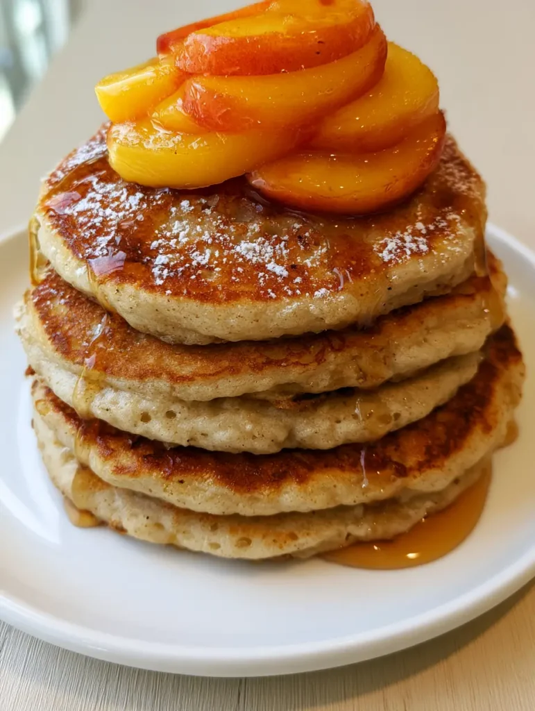 Smartphone style photo of Peach Pancakes on a light wooden table in natural daylight, featuring fresh yellow peaches and white powdered sugar.