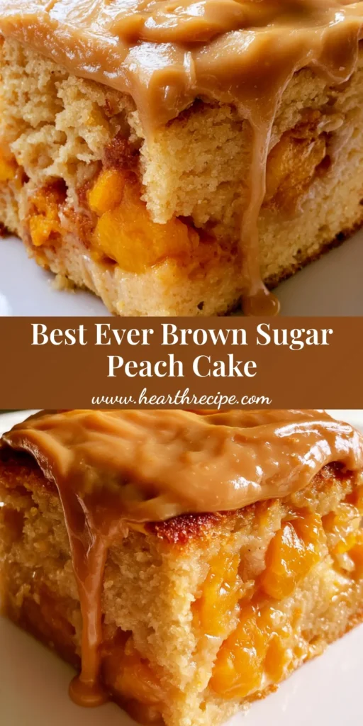 A thick square slice of golden-brown Brown Sugar Peach Cake with tan caramel glaze and fresh peach slices on a white ceramic plate.