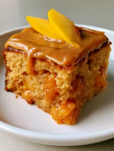Close up of a moist peach cake crumb featuring large chunks of orange peaches. (Brown Sugar Peach Cake)