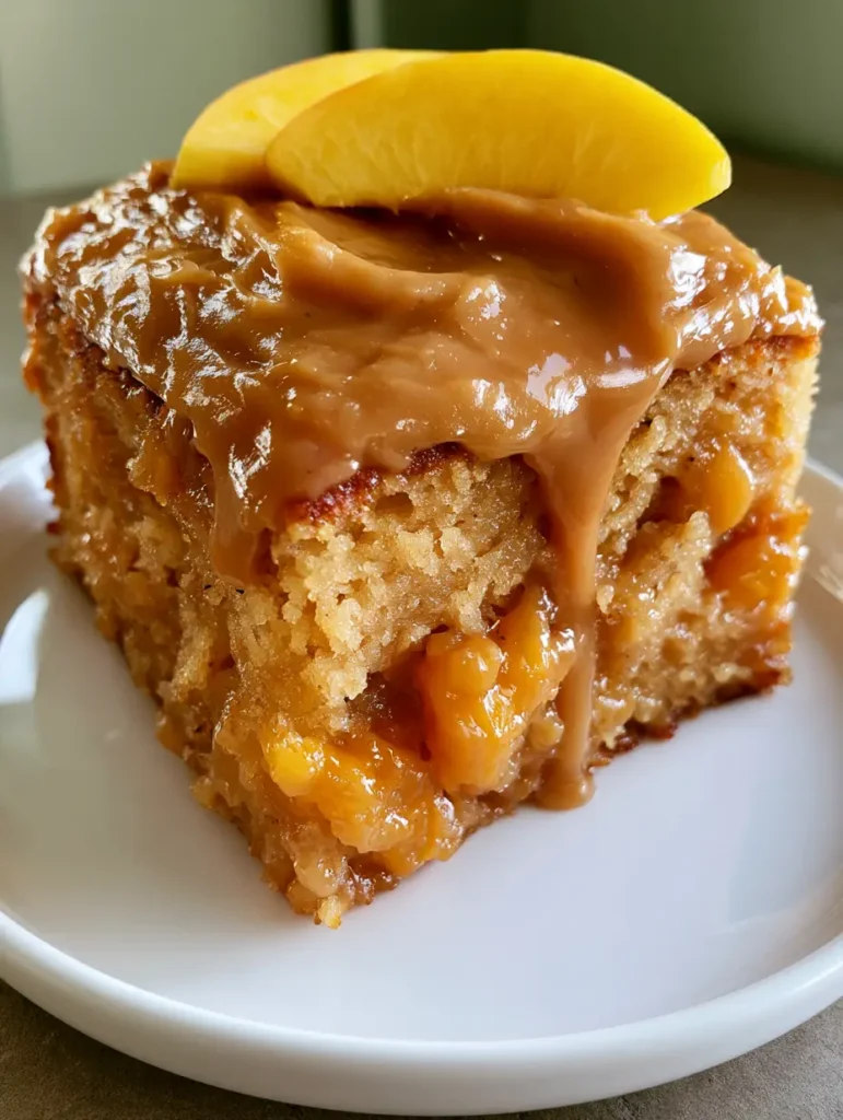 A top-down view of the thick tan caramel frosting dripping down the side of the peach cake.
