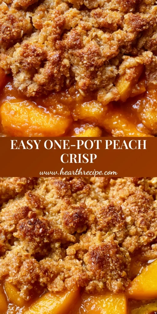 A rustic black cast-iron skillet resting on a light surface, filled with a freshly baked One-Pot Peach Crisp featuring bubbling amber syrup and a golden-brown oat topping.