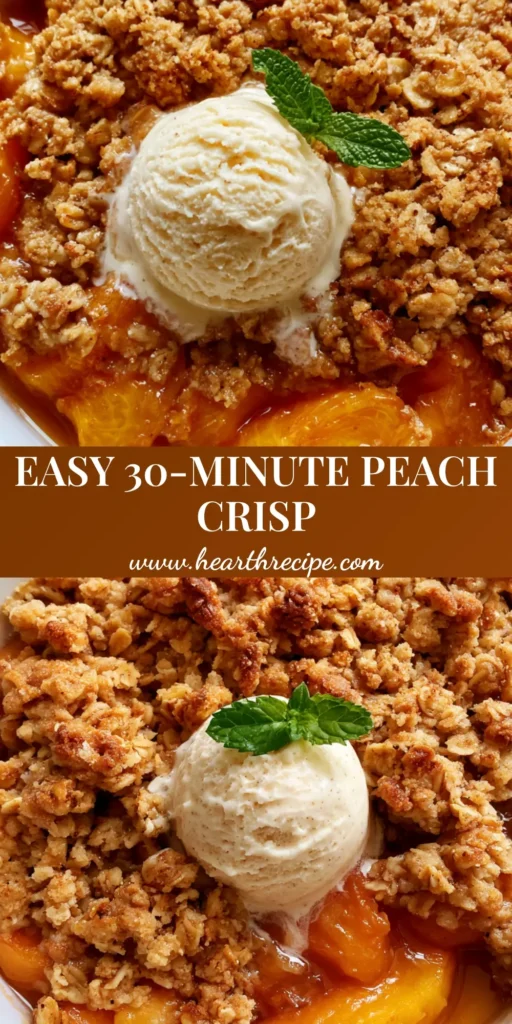 Peach Crisp Recipe: The Ultimate Golden Oat & Amber Syrup Summer Dessert 4 A top-down view of a Peach Crisp Recipe in a white dish featuring golden toasted oats and melting vanilla ice cream.