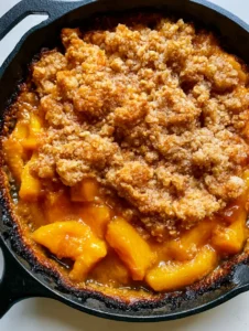 Close-up of vibrant orange chunky peach slices coated in bubbling translucent amber fruit syrup in a One-Pot Peach Crisp.
