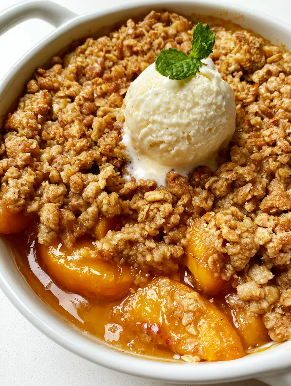Peach Crisp Recipe: The Ultimate Golden Oat & Amber Syrup Summer Dessert 3 A close-up angled shot showing the translucent amber syrup and orange peach slices of the Peach Crisp Recipe.