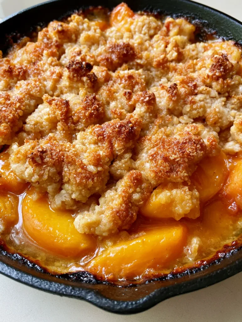Top view of a golden-brown oat and coconut sugar crumble topping on a One-Pot Peach Crisp.
