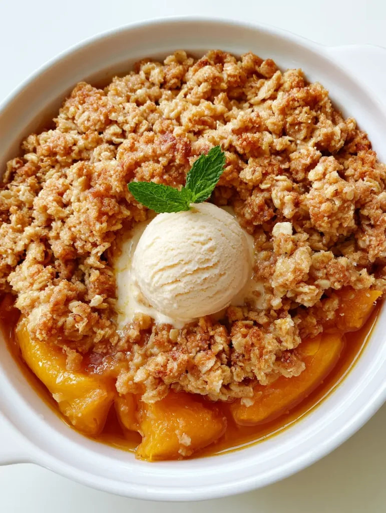 Peach Crisp Recipe: The Ultimate Golden Oat & Amber Syrup Summer Dessert 1 Smartphone photo of a peach crisp in a white ceramic dish with a mint sprig and melting ice cream. (Peach Crisp Recipe)