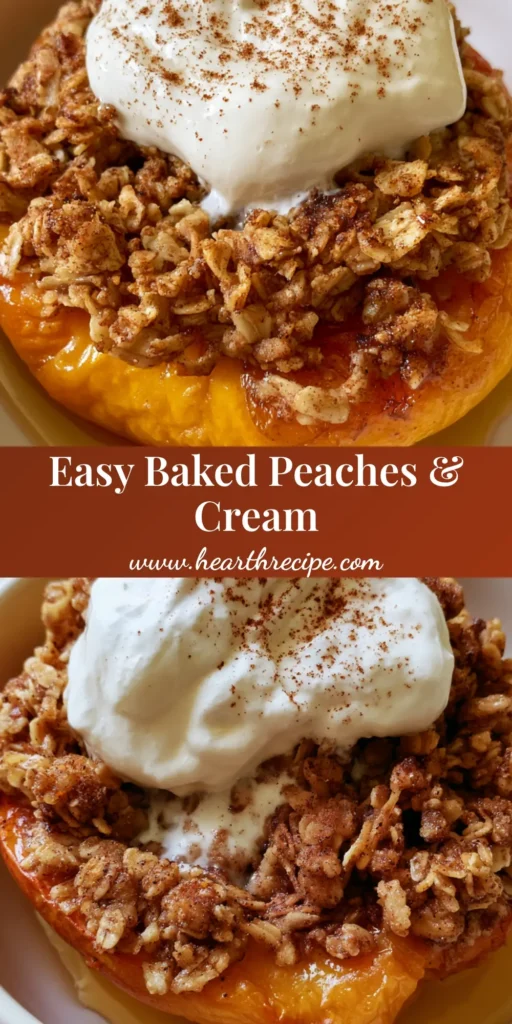 A close-up shot of Baked Peaches and Cream featuring a roasted peach half with golden oat crumble and a melting dollop of thick whipped cream.