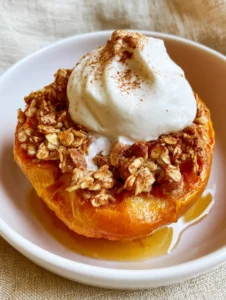 A warm, tender roasted peach half sits in a shallow white ceramic bowl with caramelized orange flesh and golden syrupy juices. (Baked Peaches and Cream)