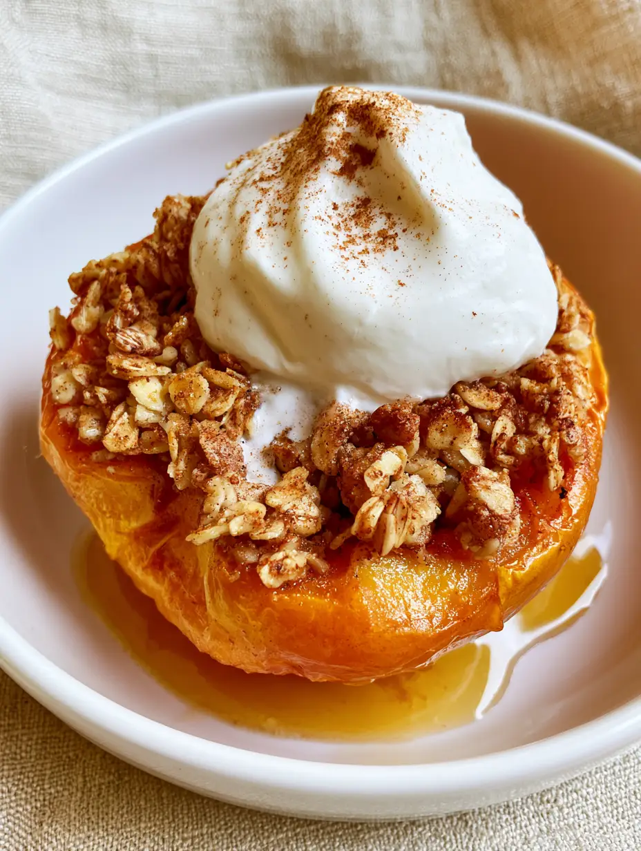A warm, tender roasted peach half sits in a shallow white ceramic bowl with caramelized orange flesh and golden syrupy juices. (Baked Peaches and Cream)