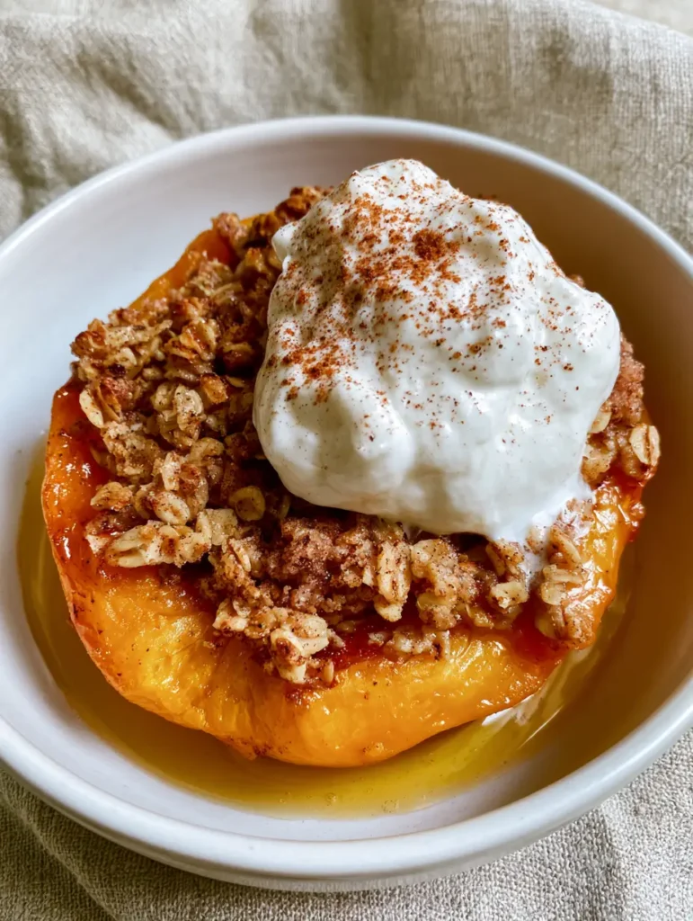Detailed view of the textured golden-brown oat crumble overflowing from the peach cavity. (Baked Peaches and Cream)