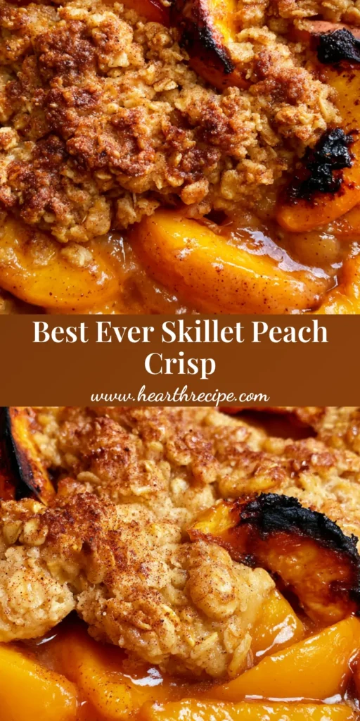 Peach Crisp with Fresh Peaches and Toasted Oat Crumble 4 A rustic cast iron skillet filled with a bubbling Peach Crisp featuring golden-brown oat clusters and caramelized peach edges.