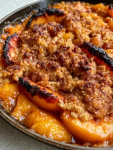 Close up of a bubbling Peach Crisp with toasted rolled oats and butter-bound flour clusters in a cast iron skillet.