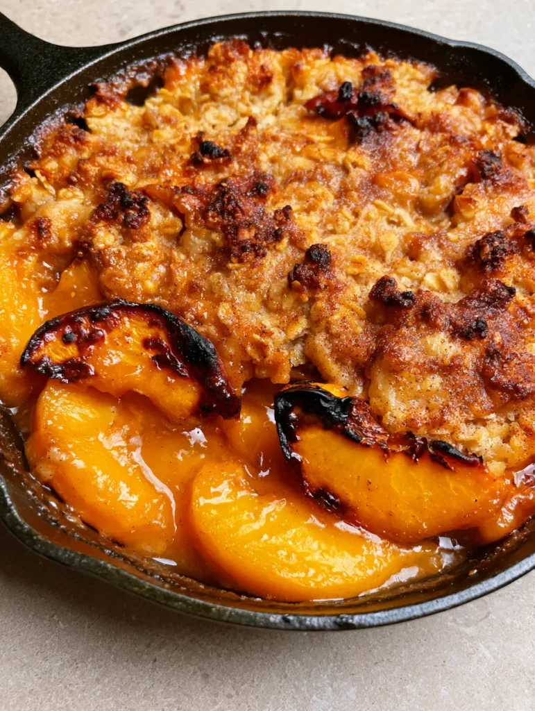 Peach Crisp with Fresh Peaches and Toasted Oat Crumble 1 Handheld smartphone photo of a Peach Crisp on a stone countertop showing caramelized charred peach edges.