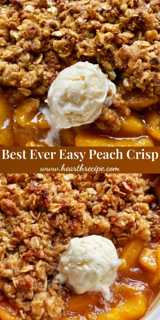 A bubbling white ceramic dish containing a Peach Crisp Recipe with golden oat topping and melting vanilla ice cream.