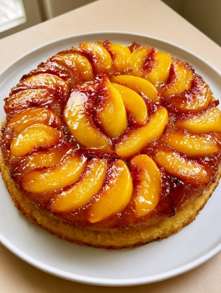 Close up shot of the thick amber sugar syrup and charred peach edges on a Peach Upside Down Cake.