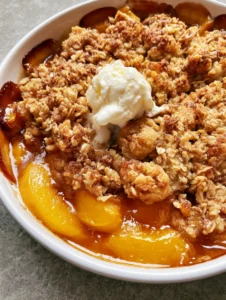 Close-up of golden brown oat crumble and caramelized peach juices. (Peach Crisp Recipe)